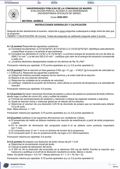 Vista previa de Examen PAU de Química de Comunidad de Madrid 2021 – Extraordinaria