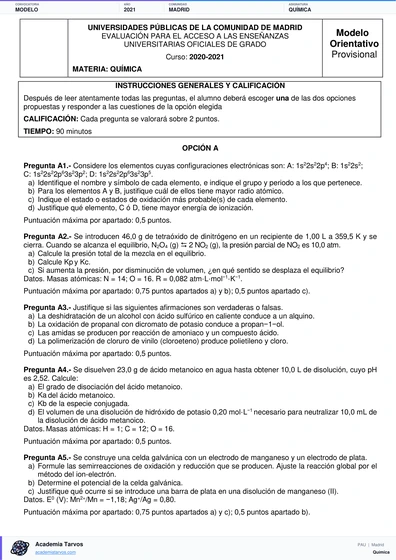 Vista previa de Modelo PAU de Química de Comunidad de Madrid 2021