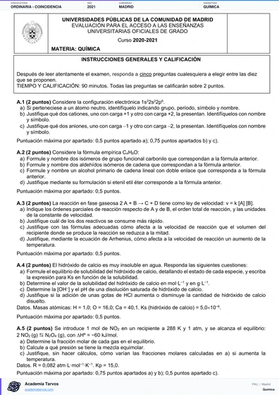Vista previa de Examen PAU de Química de Comunidad de Madrid 2021 – Ordinaria   Coincidencia