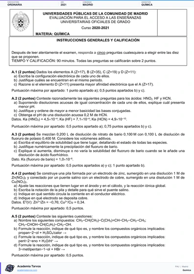 Vista previa de Examen PAU de Química de Comunidad de Madrid 2021 – Ordinaria