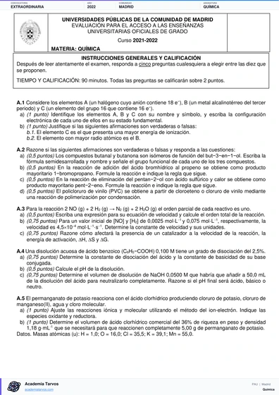 Vista previa de Examen PAU de Química de Comunidad de Madrid 2022 – Extraordinaria