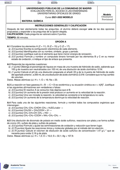 Vista previa de Modelo PAU de Química de Comunidad de Madrid 2022