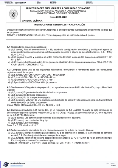 Vista previa de Examen PAU de Química de Comunidad de Madrid 2022 – Ordinaria   Coincidencia