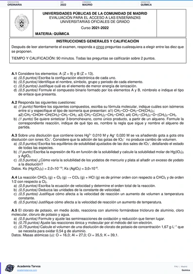 Vista previa de Examen PAU de Química de Comunidad de Madrid 2022 – Ordinaria