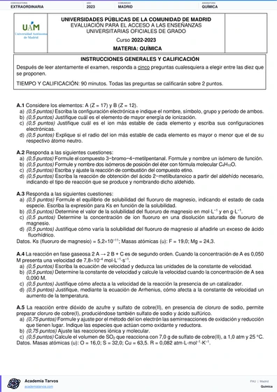 Vista previa de Examen PAU de Química de Comunidad de Madrid 2023 – Extraordinaria