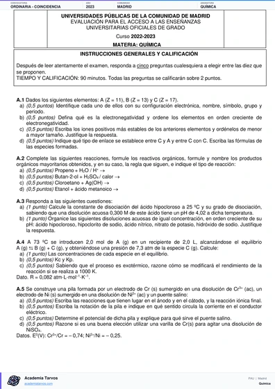 Vista previa de Examen PAU de Química de Comunidad de Madrid 2023 – Ordinaria   Coincidencia