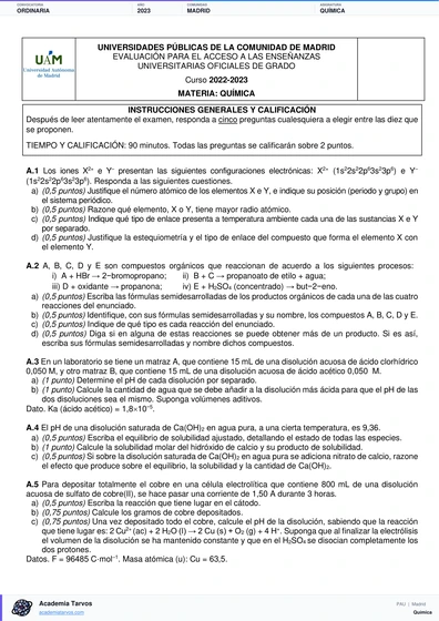 Vista previa de Examen PAU de Química de Comunidad de Madrid 2023 – Ordinaria