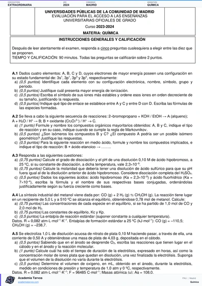 Vista previa de Examen PAU de Química de Comunidad de Madrid 2024 – Extraordinaria