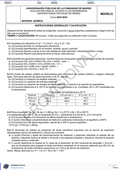 Vista previa de Modelo PAU de Química de Comunidad de Madrid 2024