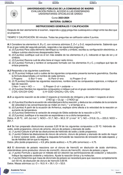 Vista previa de Examen PAU de Química de Comunidad de Madrid 2024 – Ordinaria