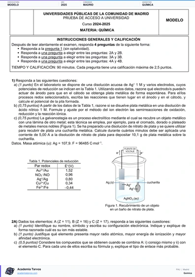 Vista previa de Modelo PAU de Química de Comunidad de Madrid 2025