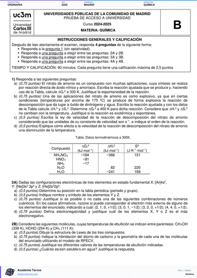 Vista previa de Examen PAU de Química de Comunidad de Madrid 2025 – Ordinaria