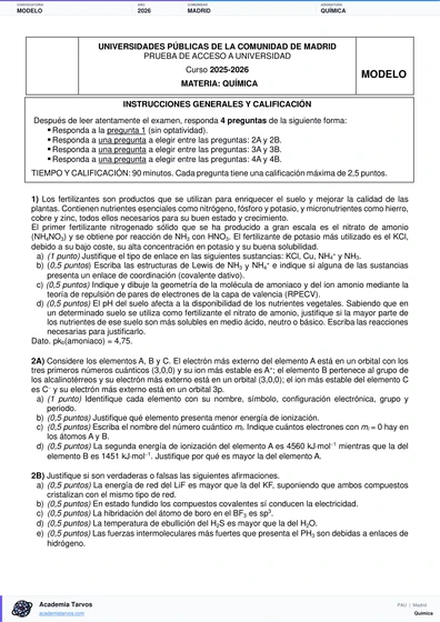 Vista previa de Modelo PAU de Química de Comunidad de Madrid 2026