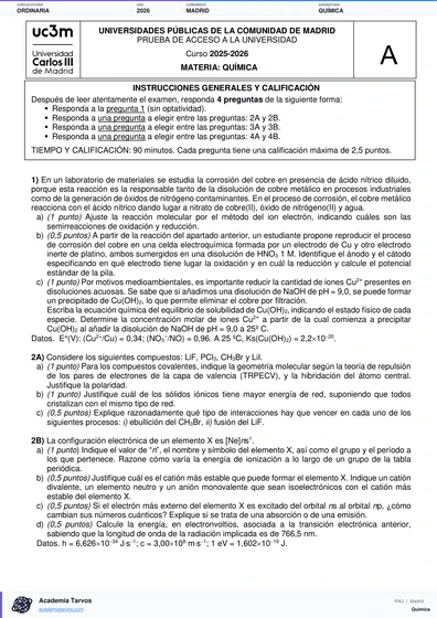Vista previa de Examen PAU de Química de Comunidad de Madrid 2026 – Ordinaria
