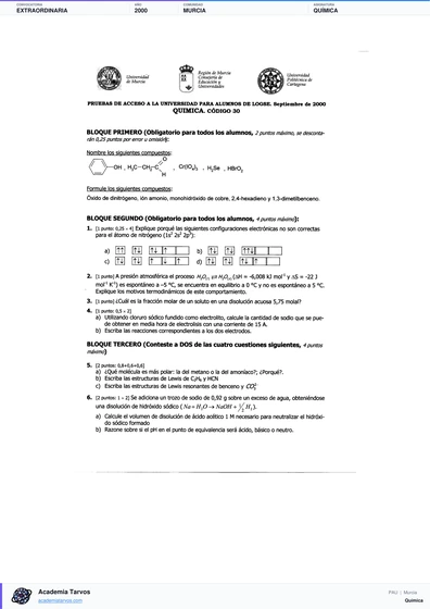 Vista previa de Examen PAU de Química de Región de Murcia 2000 – Extraordinaria