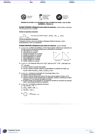 Vista previa de Examen PAU de Química de Región de Murcia 2000 – Ordinaria