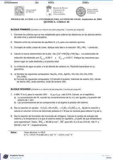 Vista previa de Examen PAU de Química de Región de Murcia 2001 – Extraordinaria