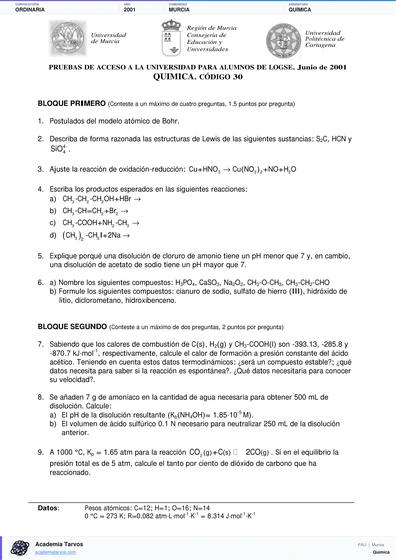 Vista previa de Examen PAU de Química de Región de Murcia 2001 – Ordinaria