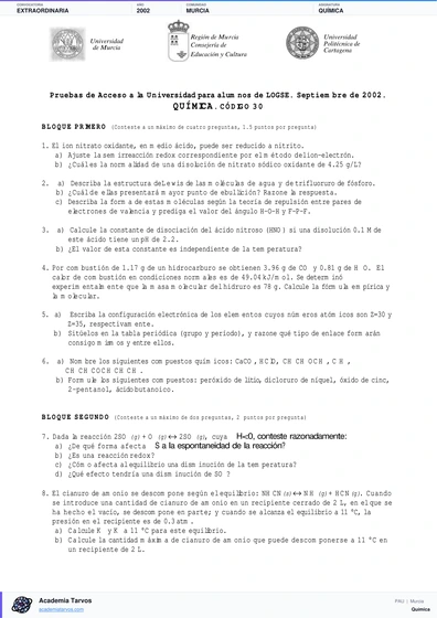 Vista previa de Examen PAU de Química de Región de Murcia 2002 – Extraordinaria