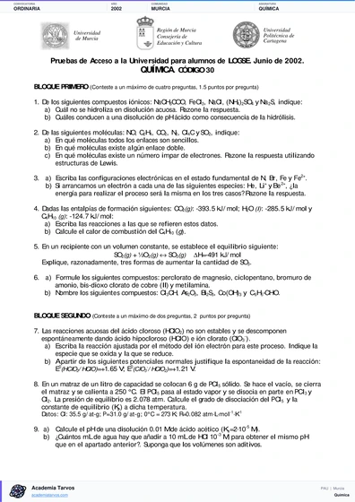 Vista previa de Examen PAU de Química de Región de Murcia 2002 – Ordinaria