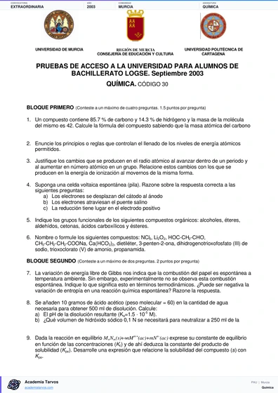 Vista previa de Examen PAU de Química de Región de Murcia 2003 – Extraordinaria