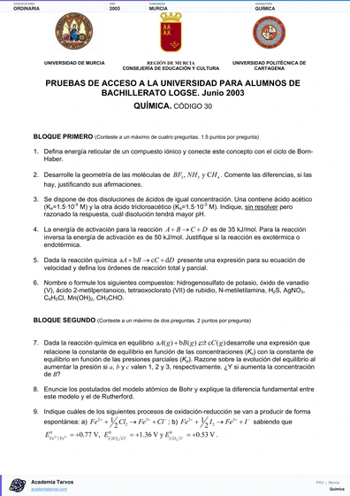 Vista previa de Examen PAU de Química de Región de Murcia 2003 – Ordinaria