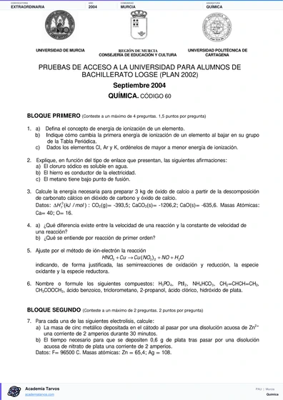 Vista previa de Examen PAU de Química de Región de Murcia 2004 – Extraordinaria