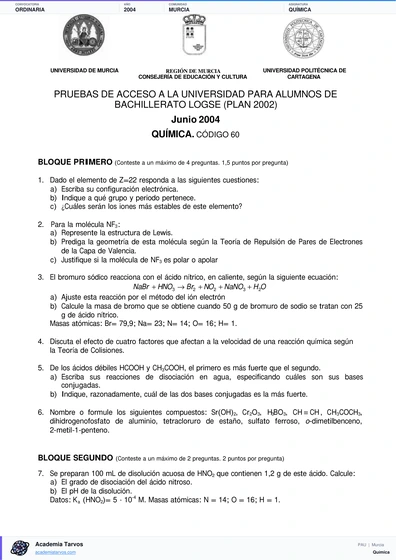 Vista previa de Examen PAU de Química de Región de Murcia 2004 – Ordinaria