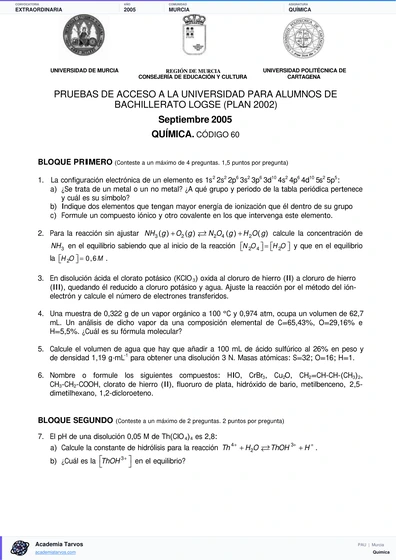 Vista previa de Examen PAU de Química de Región de Murcia 2005 – Extraordinaria