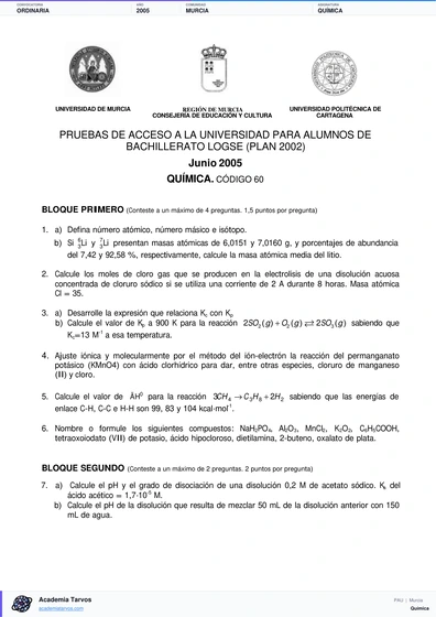 Vista previa de Examen PAU de Química de Región de Murcia 2005 – Ordinaria