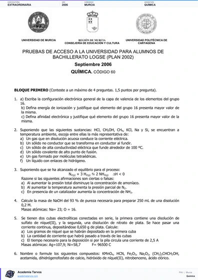 Vista previa de Examen PAU de Química de Región de Murcia 2006 – Extraordinaria