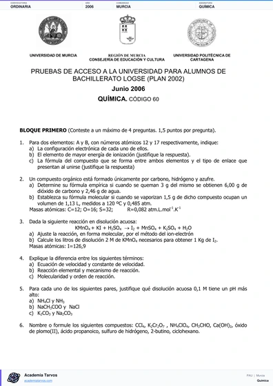 Vista previa de Examen PAU de Química de Región de Murcia 2006 – Ordinaria