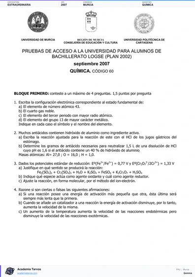Vista previa de Examen PAU de Química de Región de Murcia 2007 – Extraordinaria