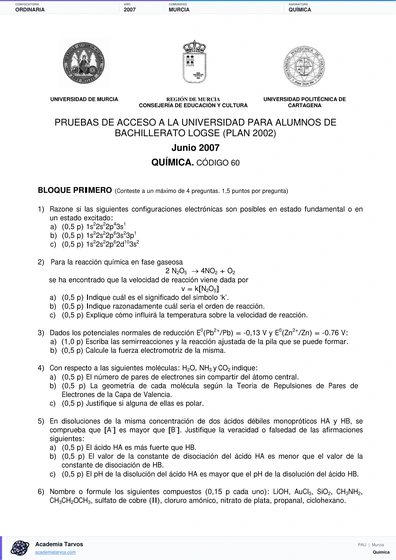 Vista previa de Examen PAU de Química de Región de Murcia 2007 – Ordinaria