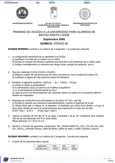 Vista previa de Examen PAU de Química de Región de Murcia 2008 – Extraordinaria