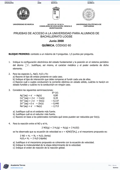 Vista previa de Examen PAU de Química de Región de Murcia 2008 – Ordinaria