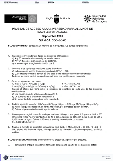 Vista previa de Examen PAU de Química de Región de Murcia 2009 – Extraordinaria