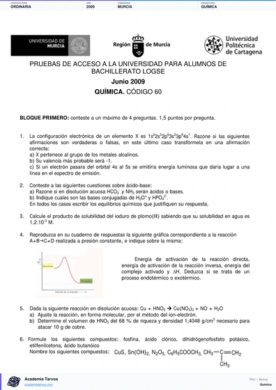 Vista previa de Examen PAU de Química de Región de Murcia 2009 – Ordinaria
