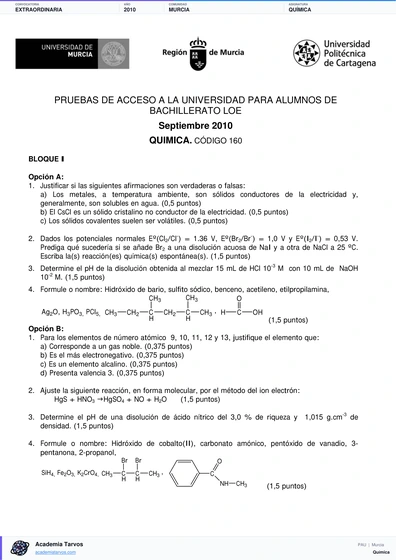 Vista previa de Examen PAU de Química de Región de Murcia 2010 – Extraordinaria