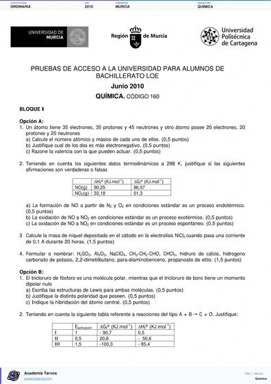 Vista previa de Examen PAU de Química de Región de Murcia 2010 – Ordinaria