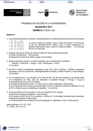 Vista previa de Examen PAU de Química de Región de Murcia 2011 – Extraordinaria
