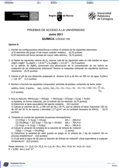 Vista previa de Examen PAU de Química de Región de Murcia 2011 – Ordinaria