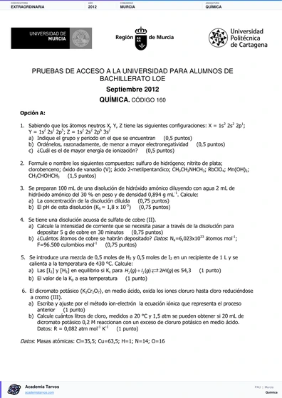 Vista previa de Examen PAU de Química de Región de Murcia 2012 – Extraordinaria