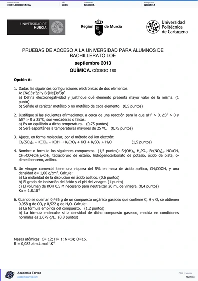 Vista previa de Examen PAU de Química de Región de Murcia 2013 – Extraordinaria