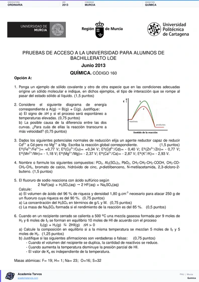 Vista previa de Examen PAU de Química de Región de Murcia 2013 – Ordinaria