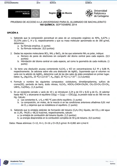 Vista previa de Examen PAU de Química de Región de Murcia 2014 – Extraordinaria