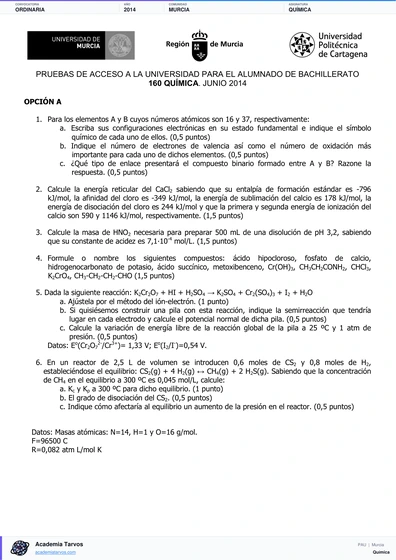 Vista previa de Examen PAU de Química de Región de Murcia 2014 – Ordinaria