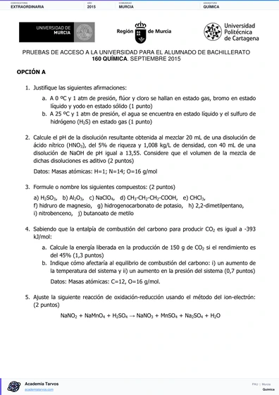 Vista previa de Examen PAU de Química de Región de Murcia 2015 – Extraordinaria