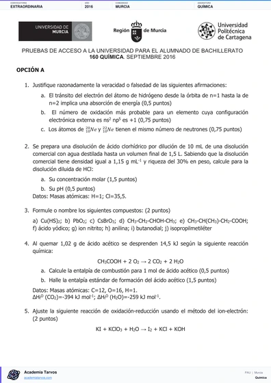 Vista previa de Examen PAU de Química de Región de Murcia 2016 – Extraordinaria