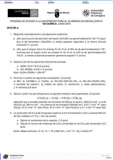 Vista previa de Examen PAU de Química de Región de Murcia 2016 – Ordinaria